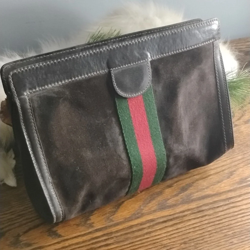 Gucci Stylish Brown Suded and Green Men's Travel Shaving Bag